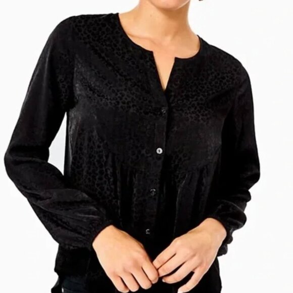 Lilly Pulitzer Black Onyx Leopard Animal Print Blouse - Picture 1 of 10